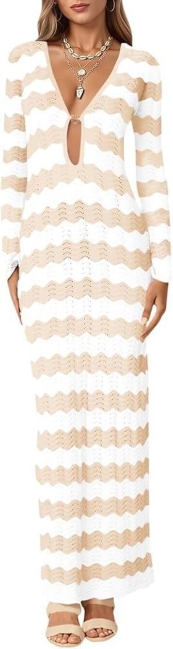 NWT Saodimallsu Crochet Knit Maxi Cover Up Dress Beige & White Long Sleeve Size